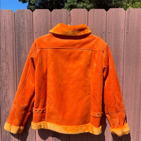 1990s Suede Bright Orange Bomber Zip Up Jacket with Faux Fur Orange Trim LARGE - Picture 9 of 9
